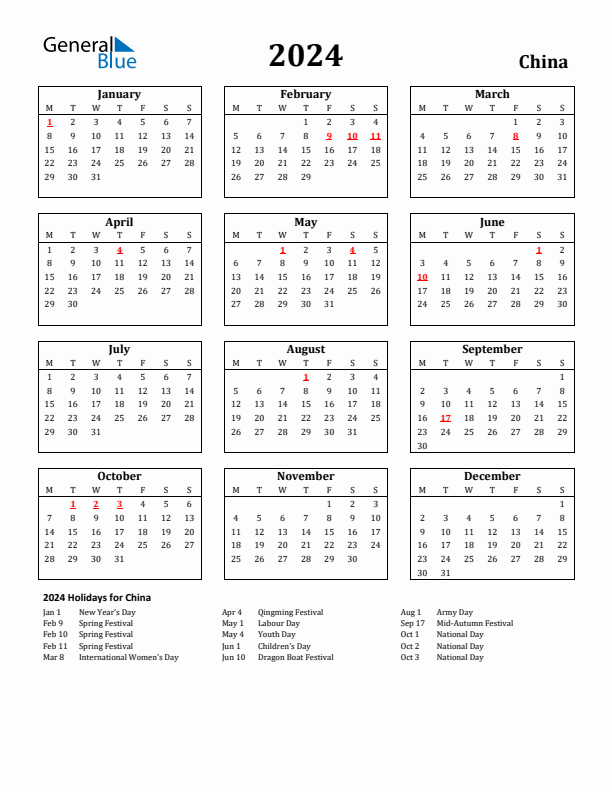 2024 China Holiday Calendar - Monday Start