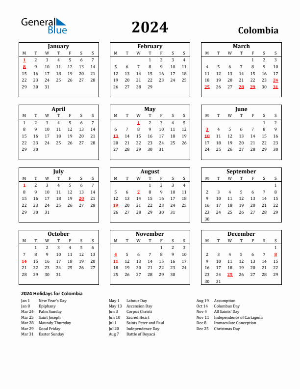 2024 Colombia Holiday Calendar - Monday Start