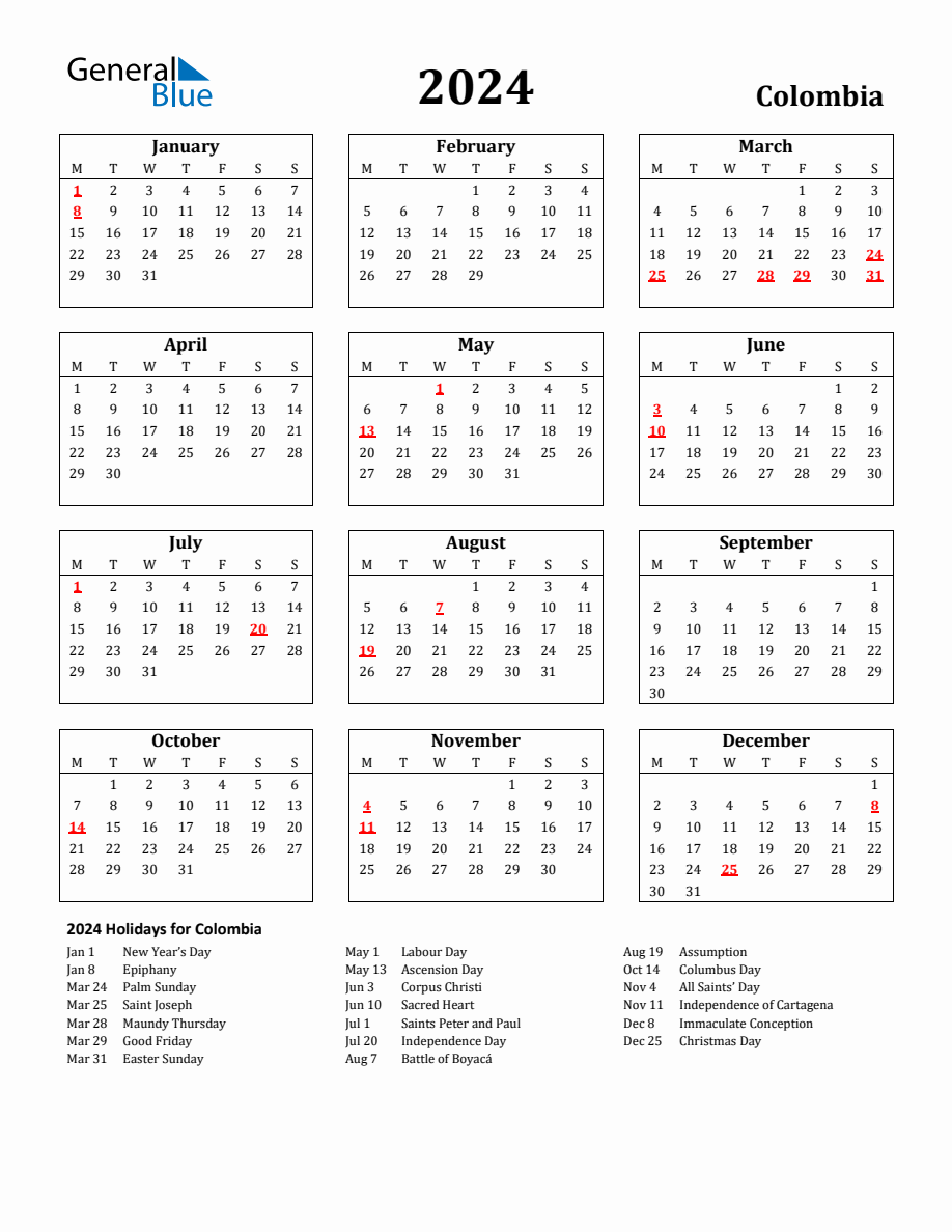 Free Printable 2024 Colombia Holiday Calendar