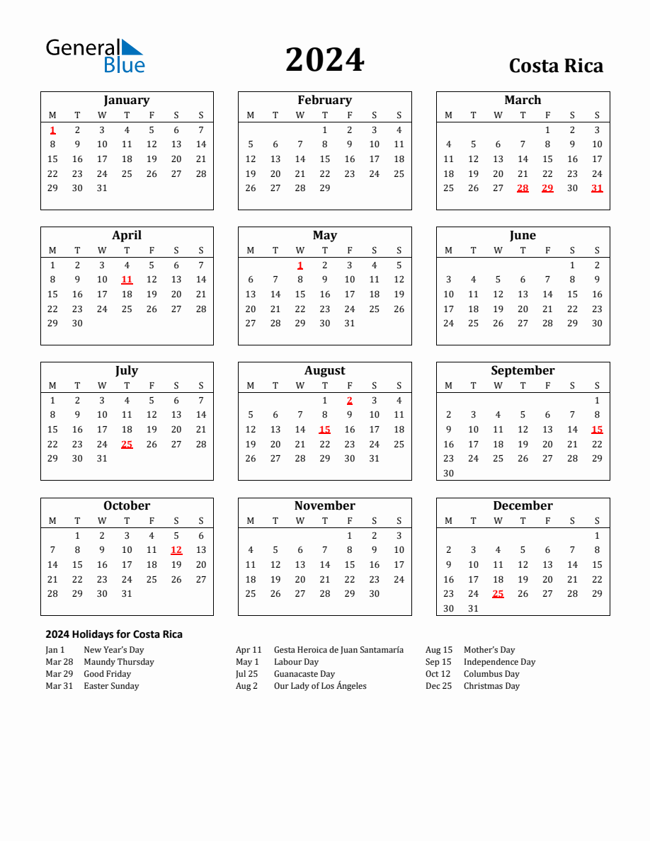 Free Printable 2024 Costa Rica Holiday Calendar