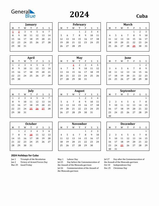 2024 Cuba Holiday Calendar - Monday Start