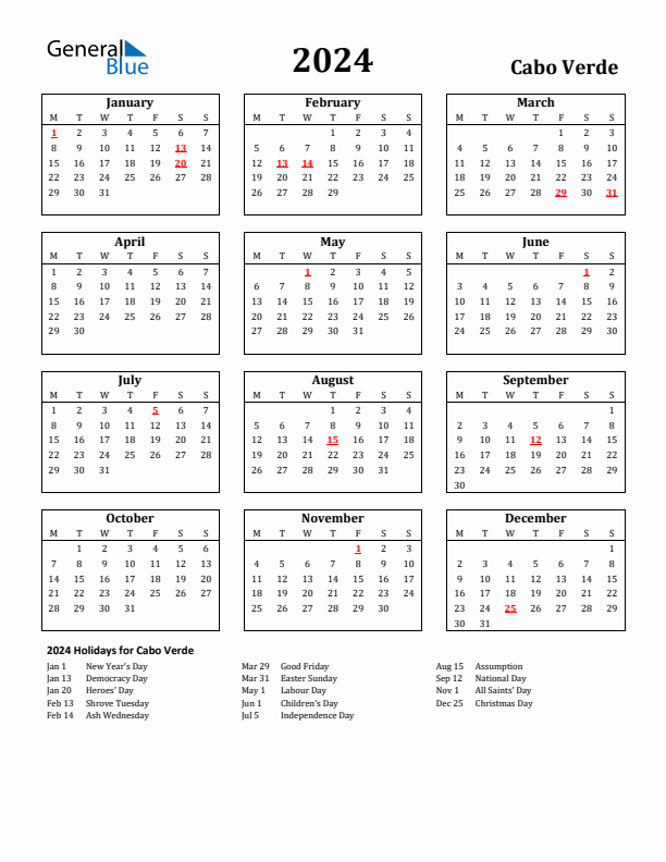 2024 Cabo Verde Holiday Calendar - Monday Start