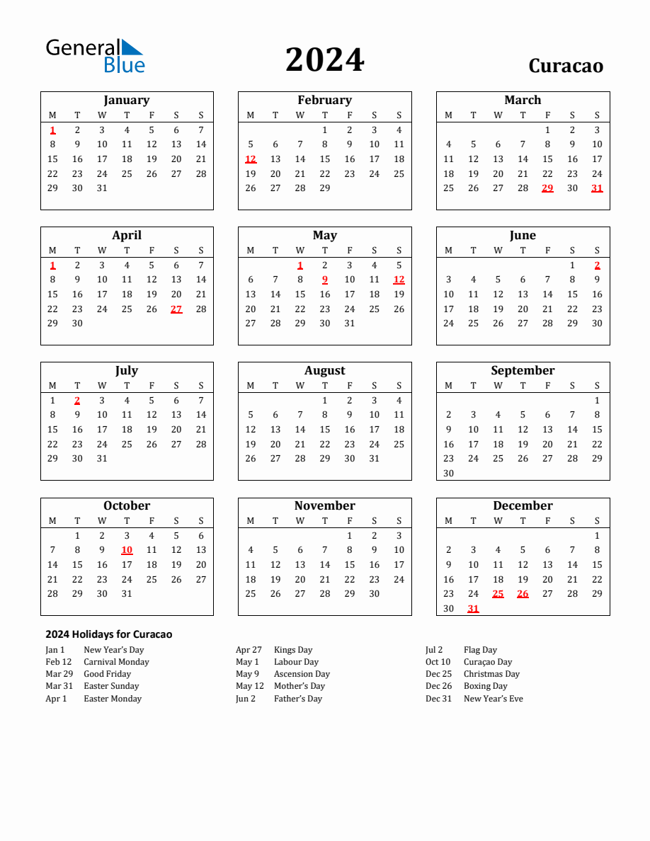 Free Printable 2024 Curacao Holiday Calendar