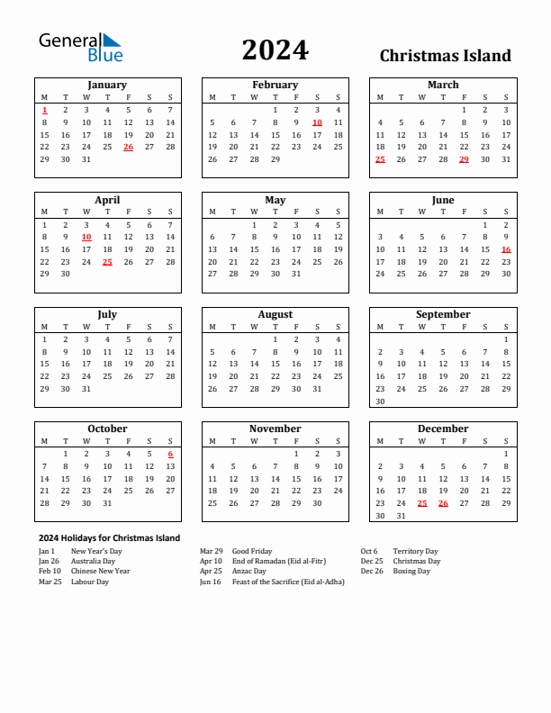 2024 Christmas Island Holiday Calendar - Monday Start