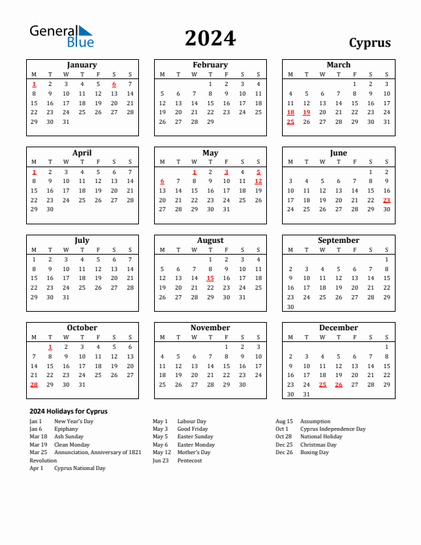 2024 Cyprus Holiday Calendar - Monday Start