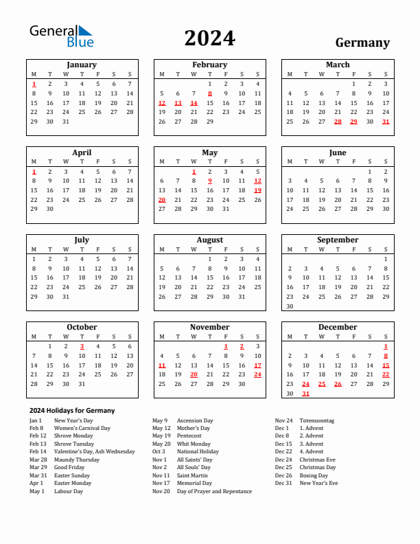 2024 Germany Holiday Calendar - Monday Start