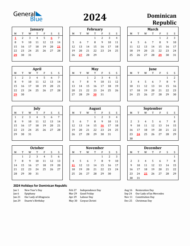 2024 Dominican Republic Holiday Calendar - Monday Start