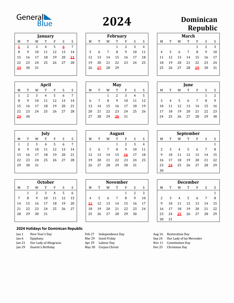 Free Printable 2024 Dominican Republic Holiday Calendar