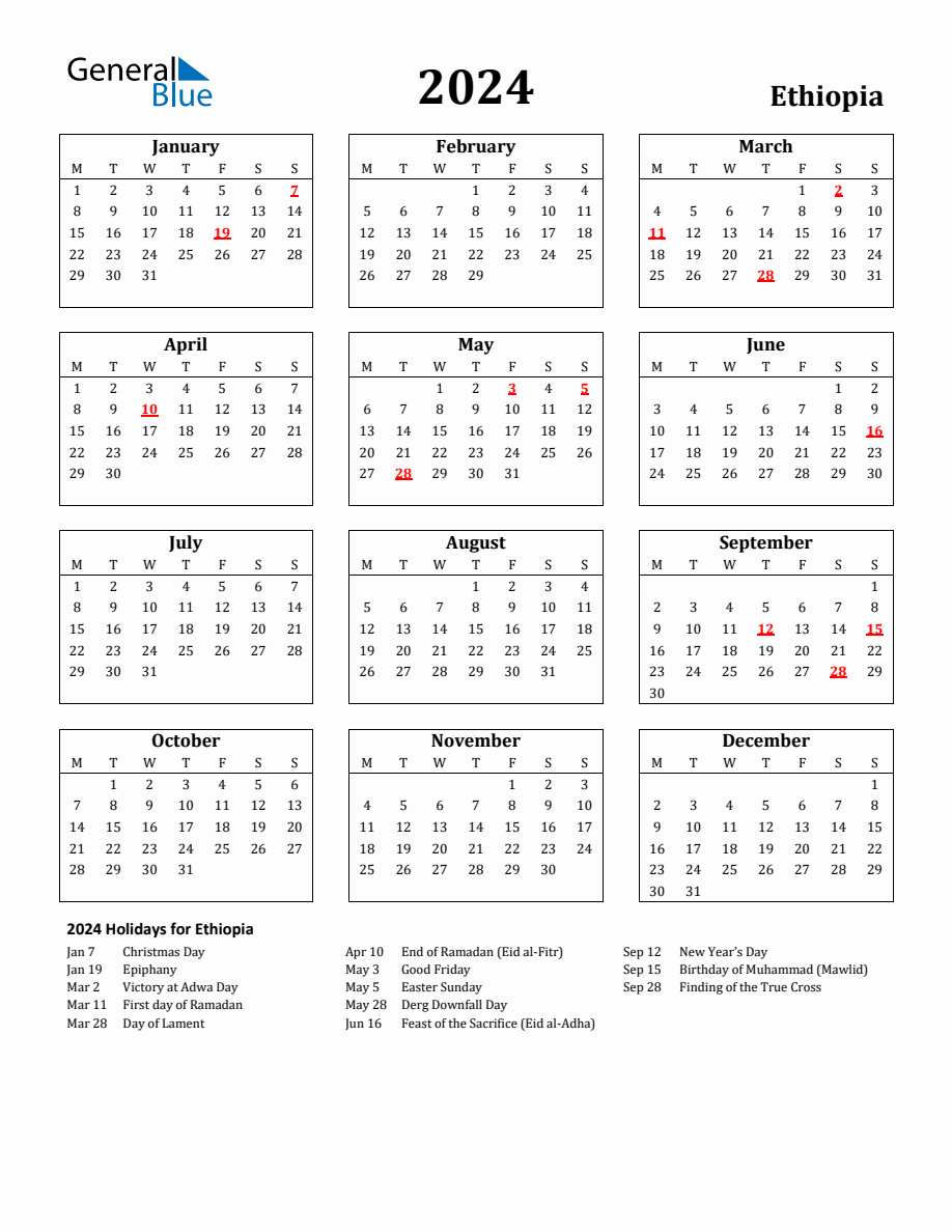 Free Printable 2024 Ethiopia Holiday Calendar