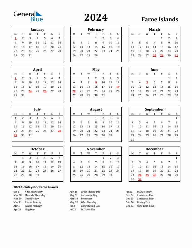 2024 Faroe Islands Holiday Calendar - Monday Start
