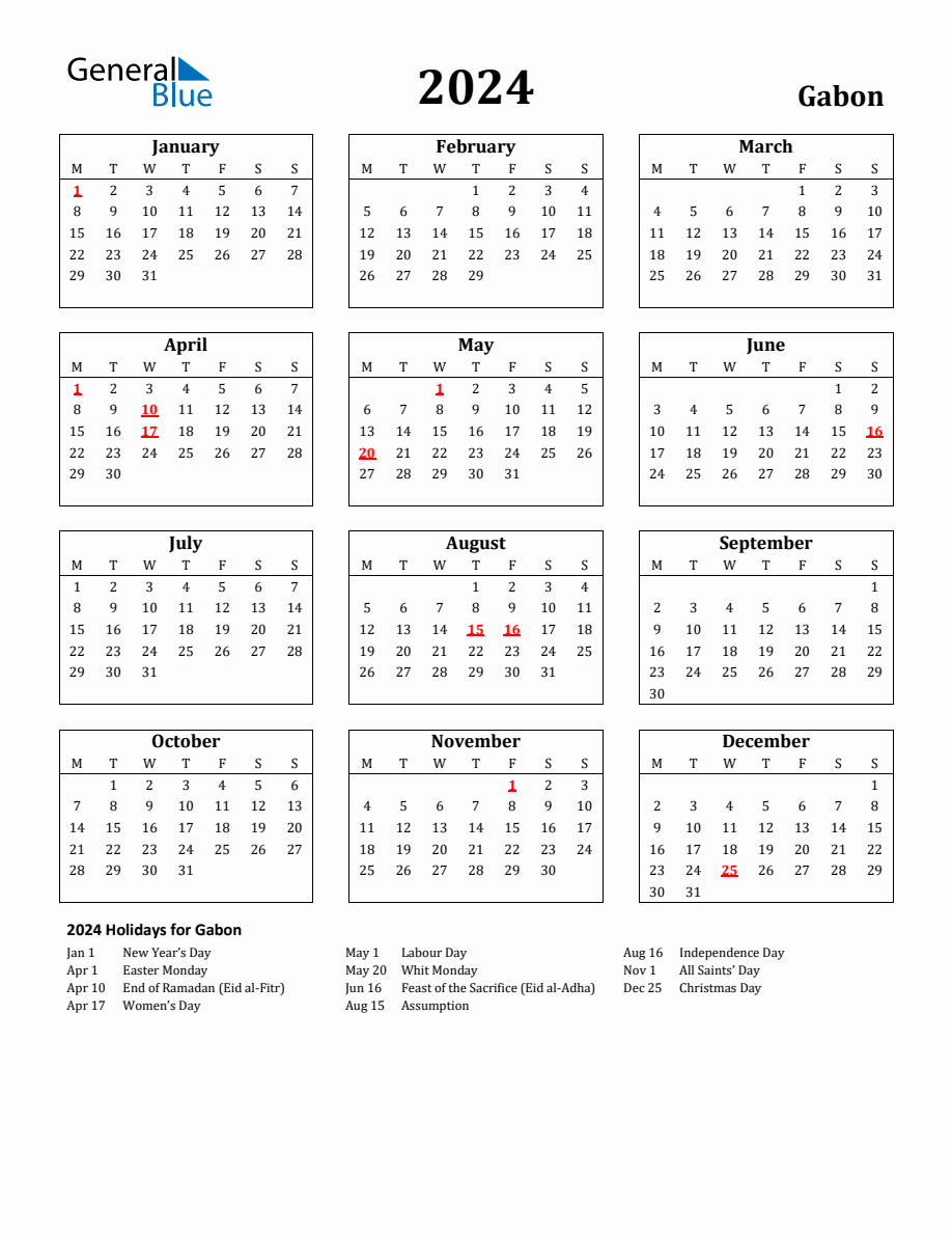 Free Printable 2024 Gabon Holiday Calendar