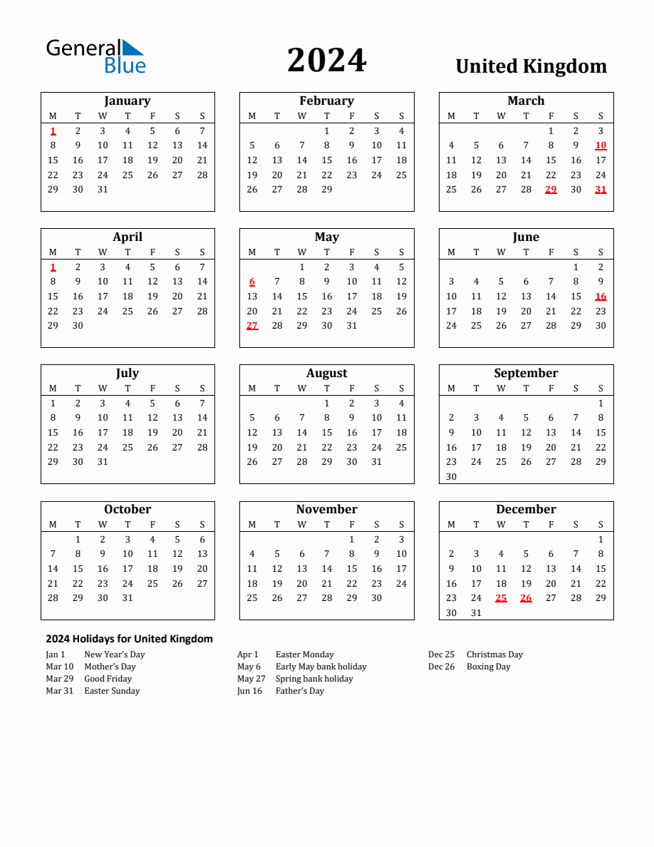 Free Printable 2024 United Kingdom Holiday Calendar