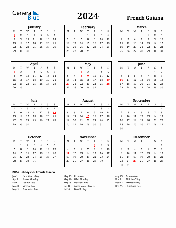 2024 French Guiana Holiday Calendar - Monday Start