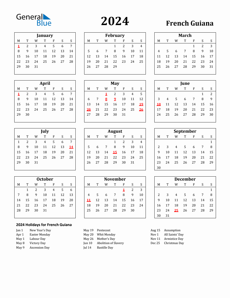 Free Printable 2024 French Guiana Holiday Calendar