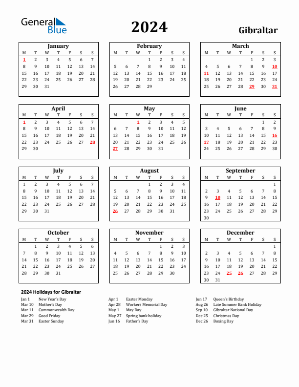2024 Gibraltar Holiday Calendar - Monday Start