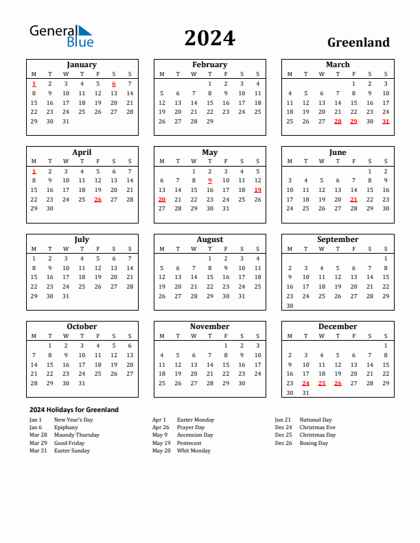 2024 Greenland Holiday Calendar - Monday Start