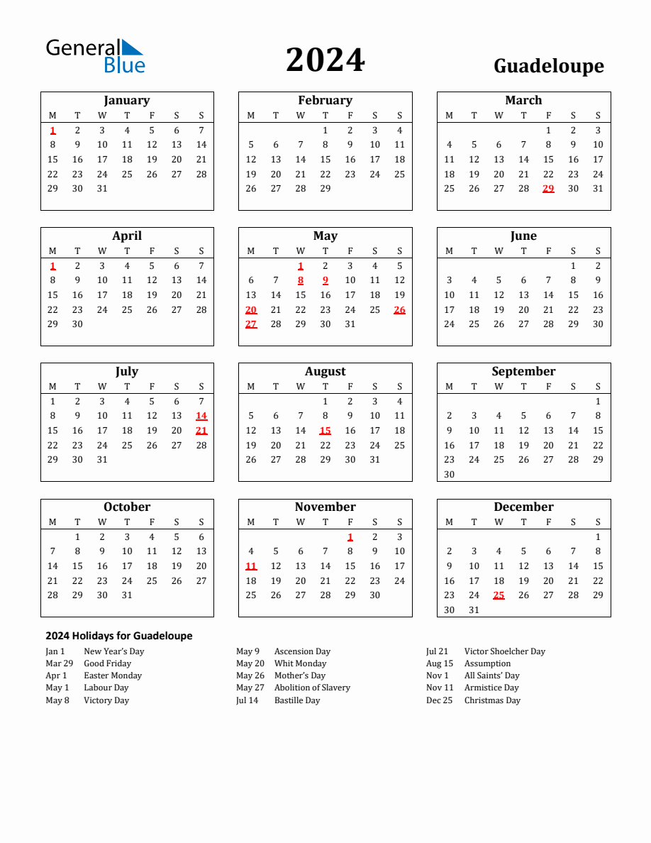 Free Printable 2024 Guadeloupe Holiday Calendar