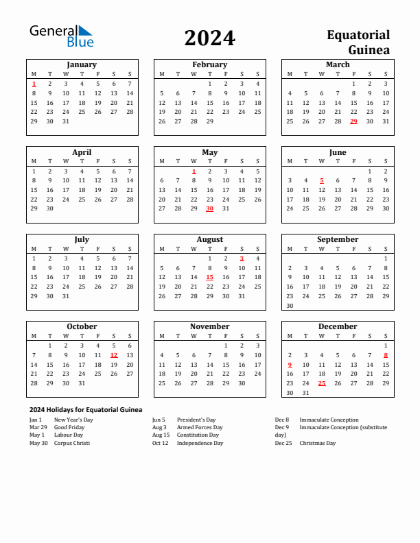 2024 Equatorial Guinea Holiday Calendar - Monday Start