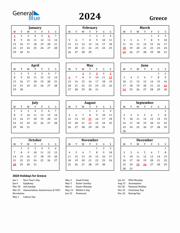 2024 Greece Holiday Calendar - Monday Start
