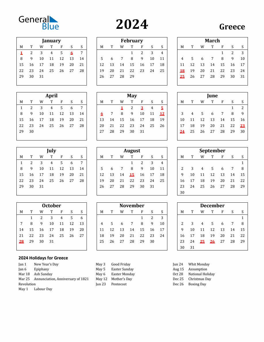 Free Printable 2024 Greece Holiday Calendar