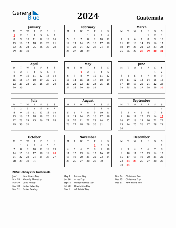 2024 Guatemala Holiday Calendar - Monday Start
