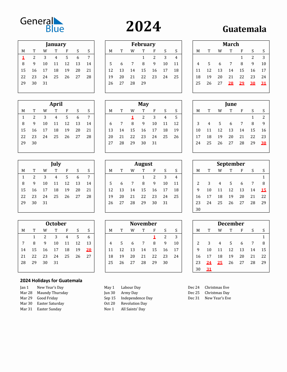 Free Printable 2024 Guatemala Holiday Calendar   2024 Calendar Streamlined With Holidays Portrait Monday Start En Gt 918x1188 