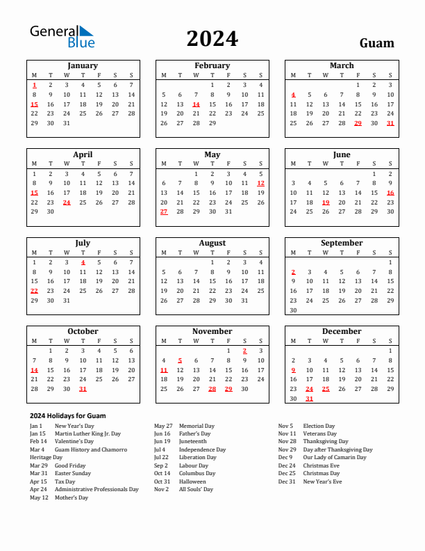 2024 Guam Holiday Calendar - Monday Start