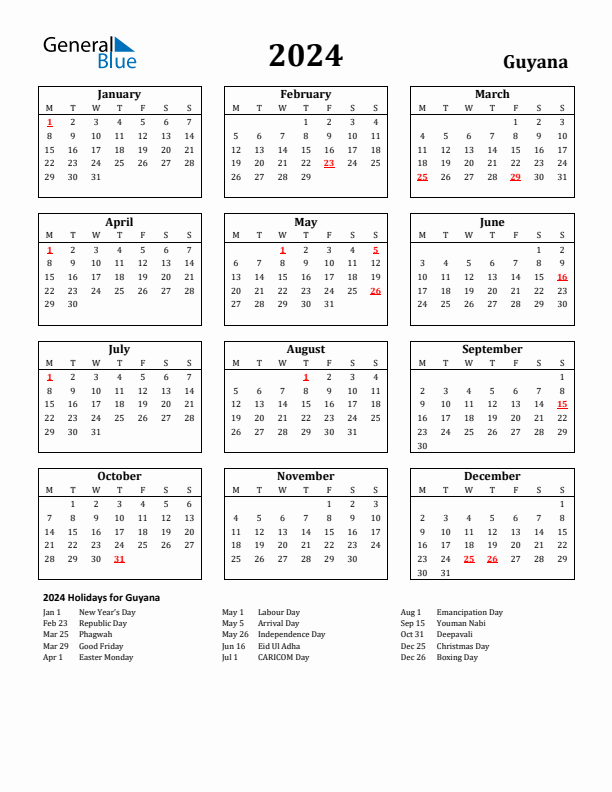 2024 Guyana Holiday Calendar - Monday Start