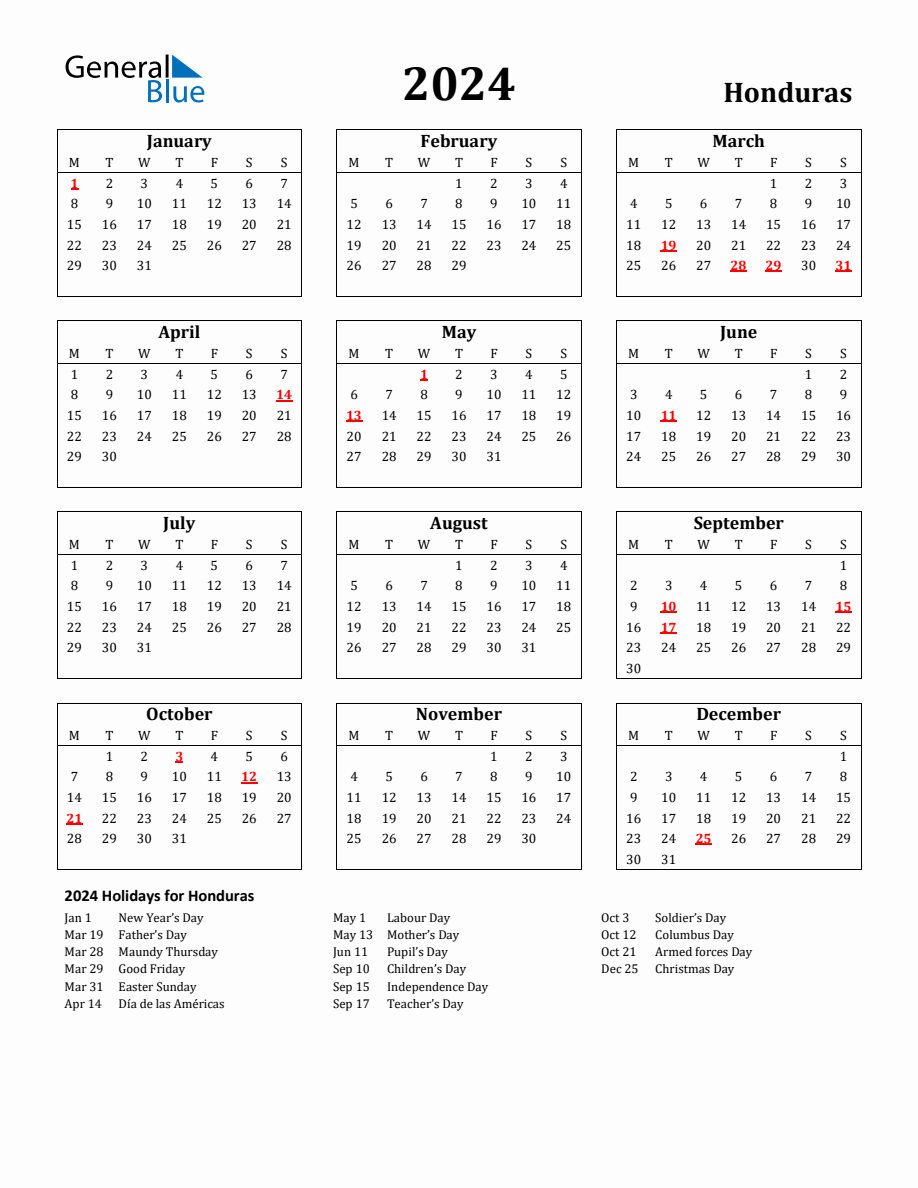 Free Printable 2024 Honduras Holiday Calendar