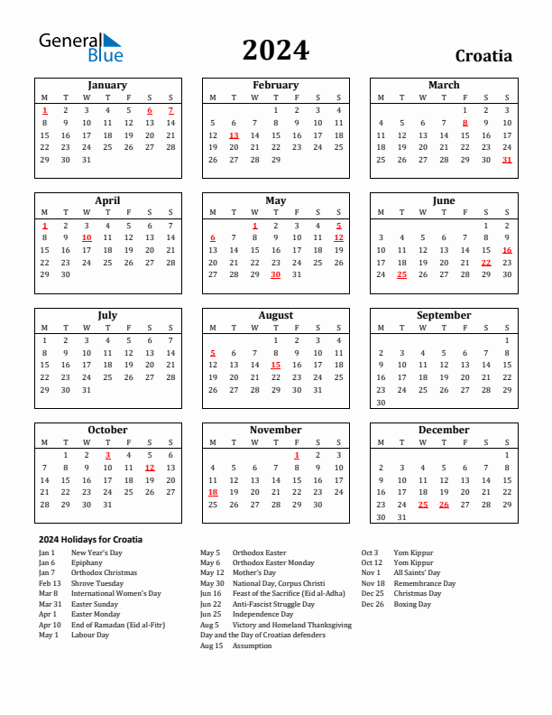2024 Croatia Holiday Calendar - Monday Start