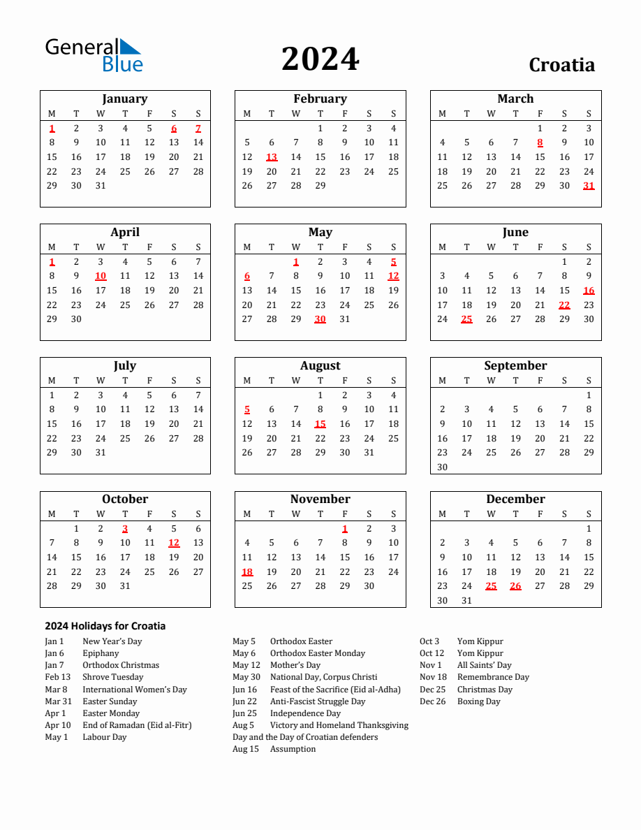 Free Printable 2024 Croatia Holiday Calendar