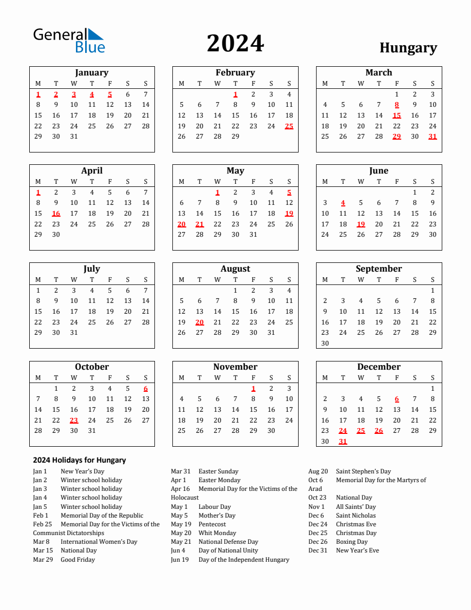 Free Printable 2024 Hungary Holiday Calendar