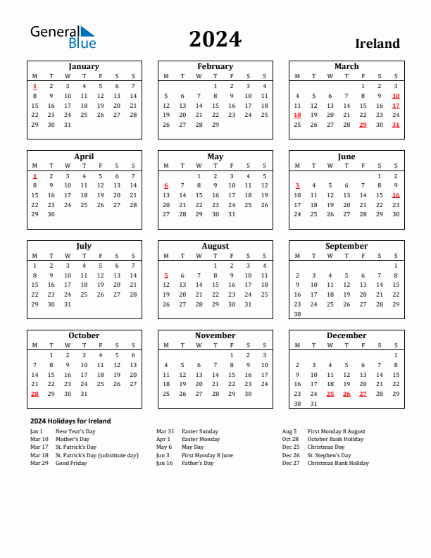 2024 Ireland Holiday Calendar - Monday Start
