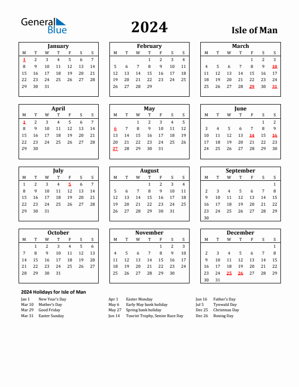 2024 Isle of Man Holiday Calendar - Monday Start