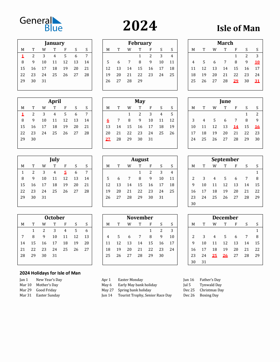 Free Printable 2024 Isle of Man Holiday Calendar