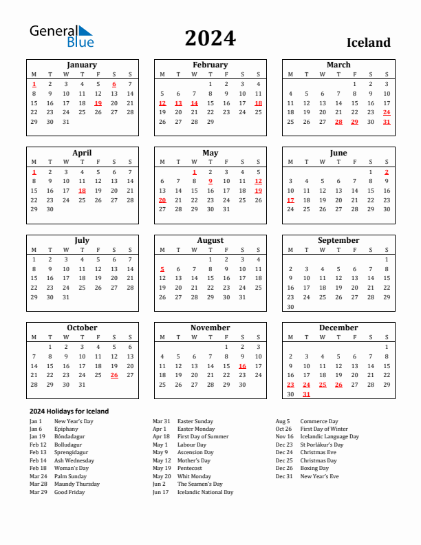 2024 Iceland Holiday Calendar - Monday Start