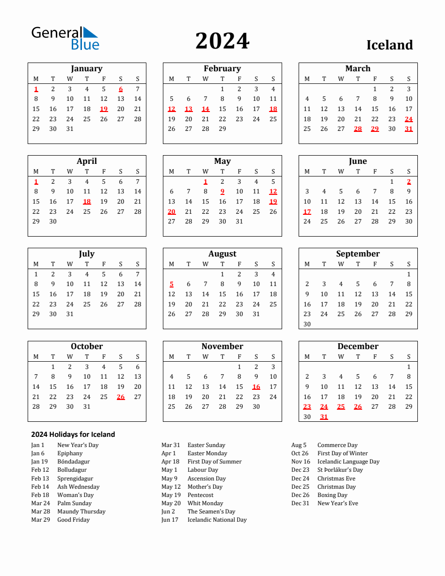 Free Printable 2024 Iceland Holiday Calendar