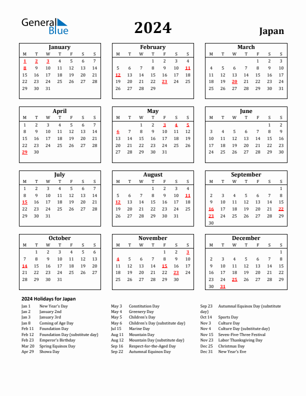 2024 Japan Holiday Calendar - Monday Start