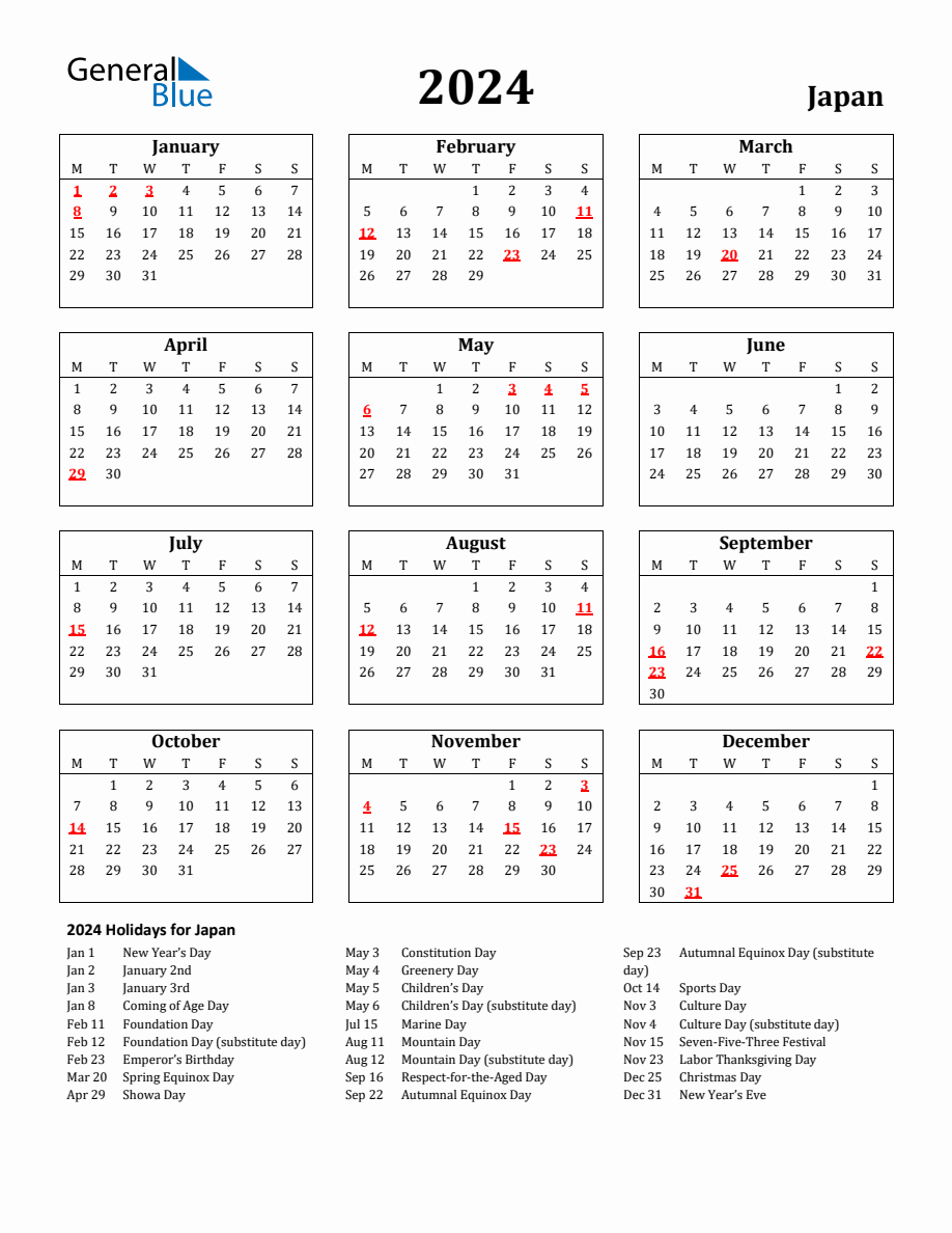 Free Printable 2024 Japan Holiday Calendar