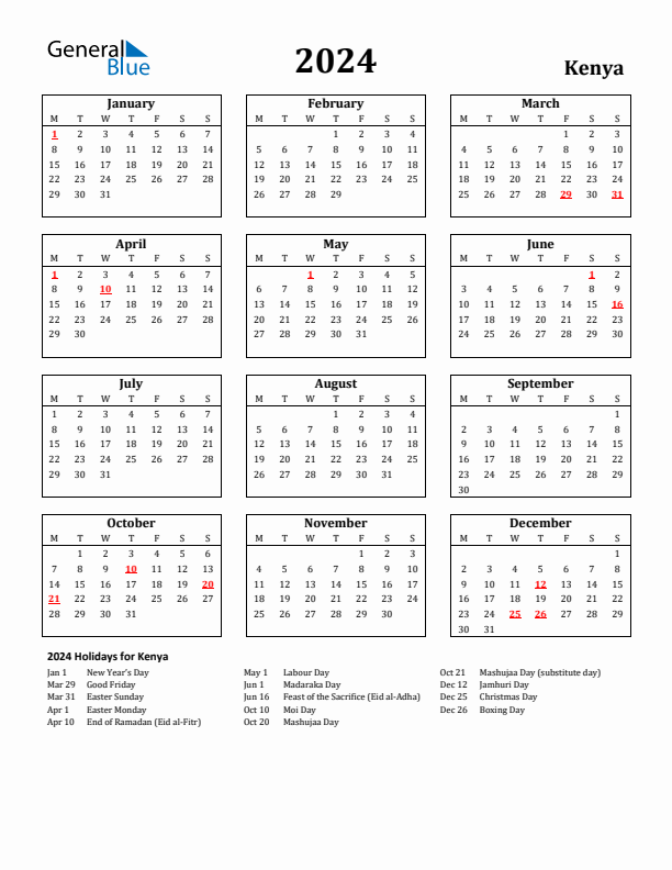 2024 Kenya Holiday Calendar - Monday Start