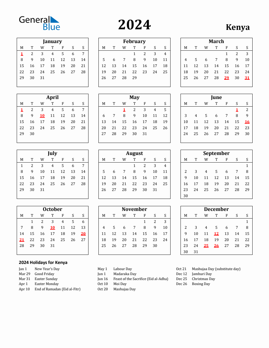Free Printable 2024 Kenya Holiday Calendar