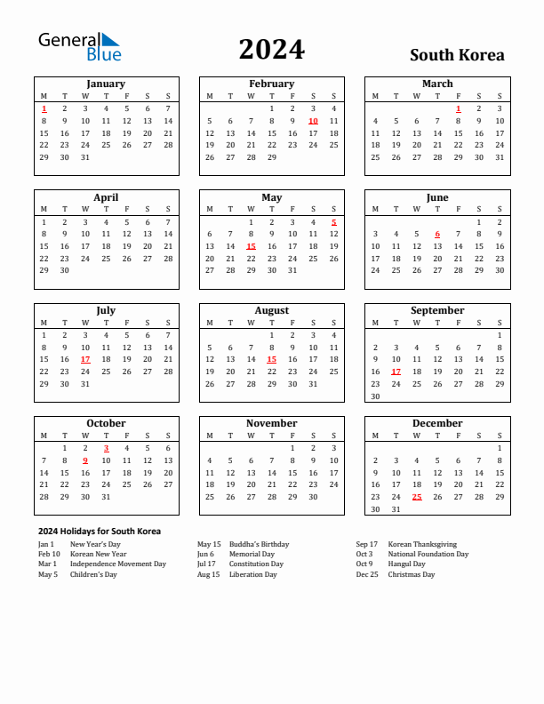 2024 South Korea Holiday Calendar - Monday Start