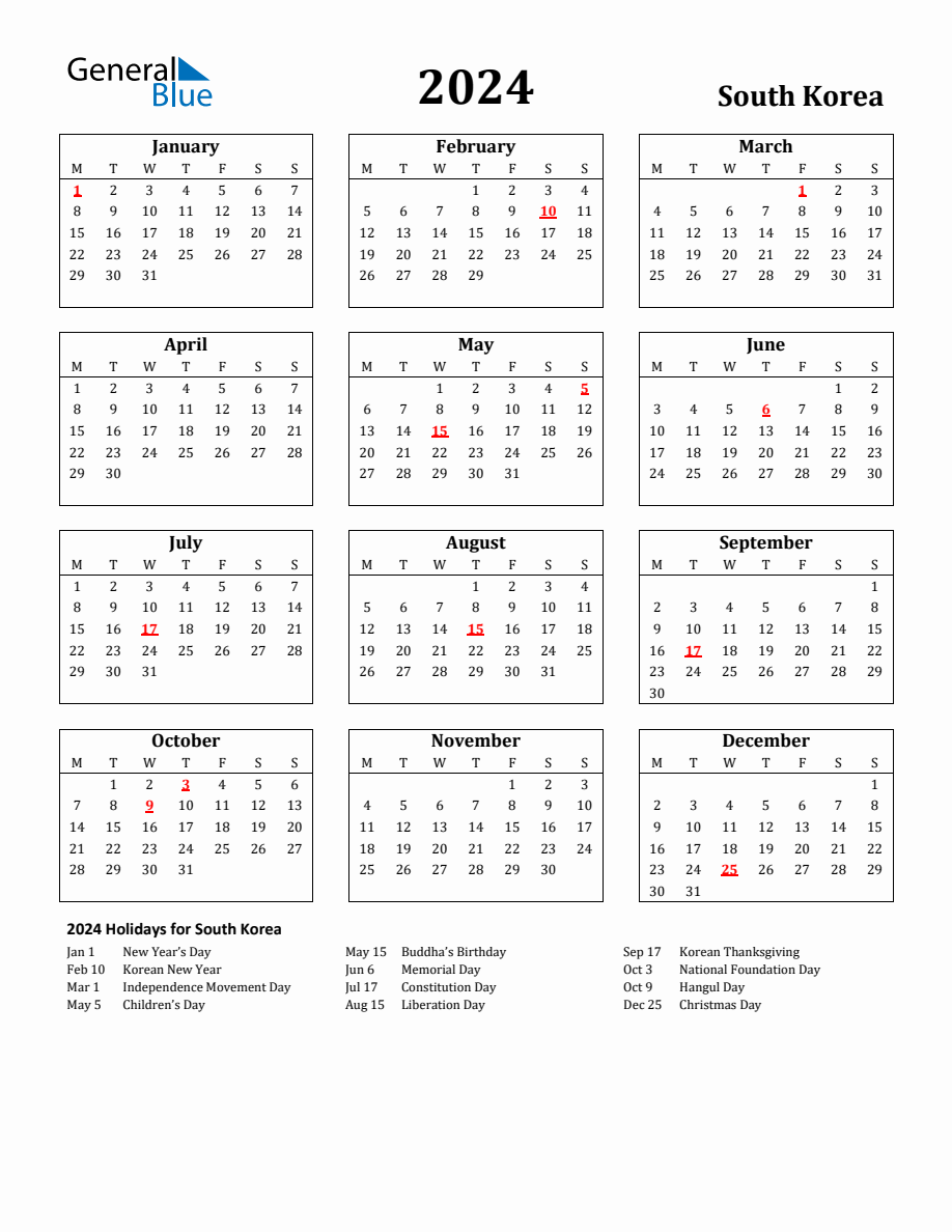 Free Printable 2024 South Korea Holiday Calendar