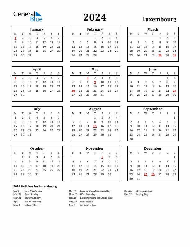 2024 Luxembourg Holiday Calendar - Monday Start