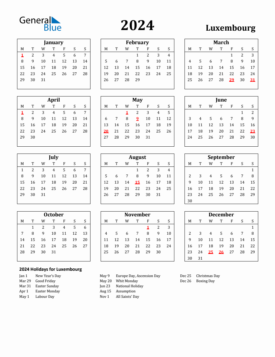 Free Printable 2024 Luxembourg Holiday Calendar