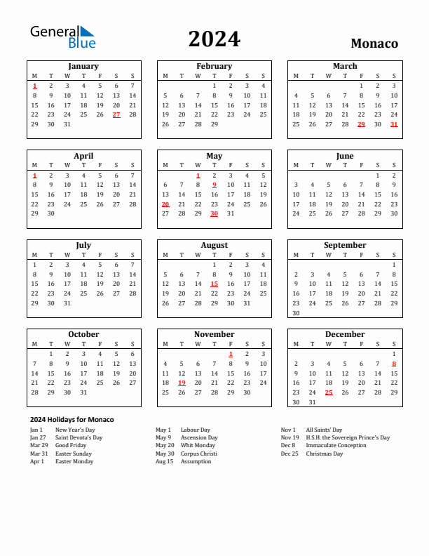 2024 Monaco Holiday Calendar - Monday Start