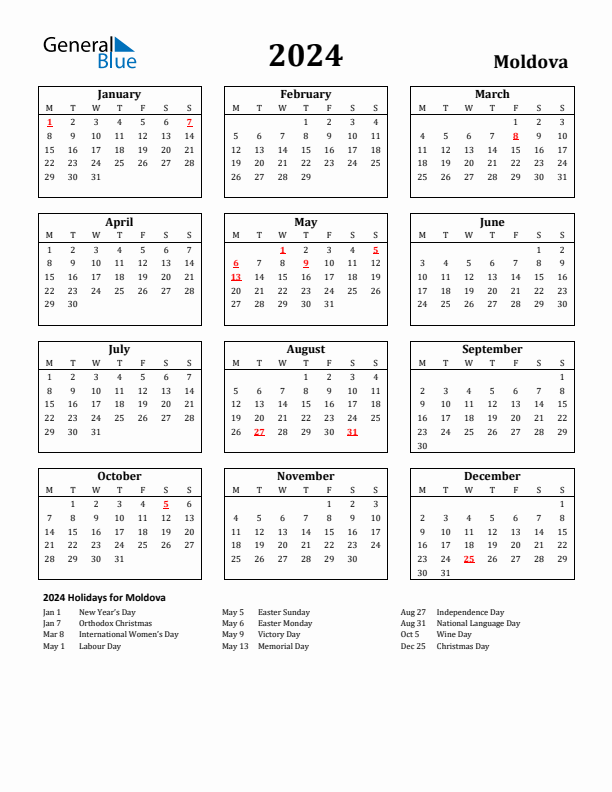 2024 Moldova Holiday Calendar - Monday Start