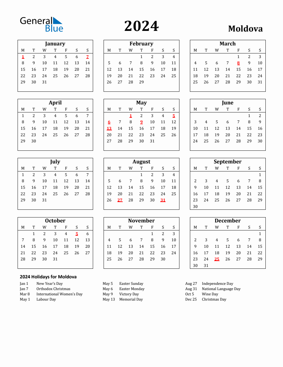 Free Printable 2024 Moldova Holiday Calendar