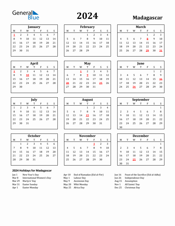 2024 Madagascar Holiday Calendar - Monday Start