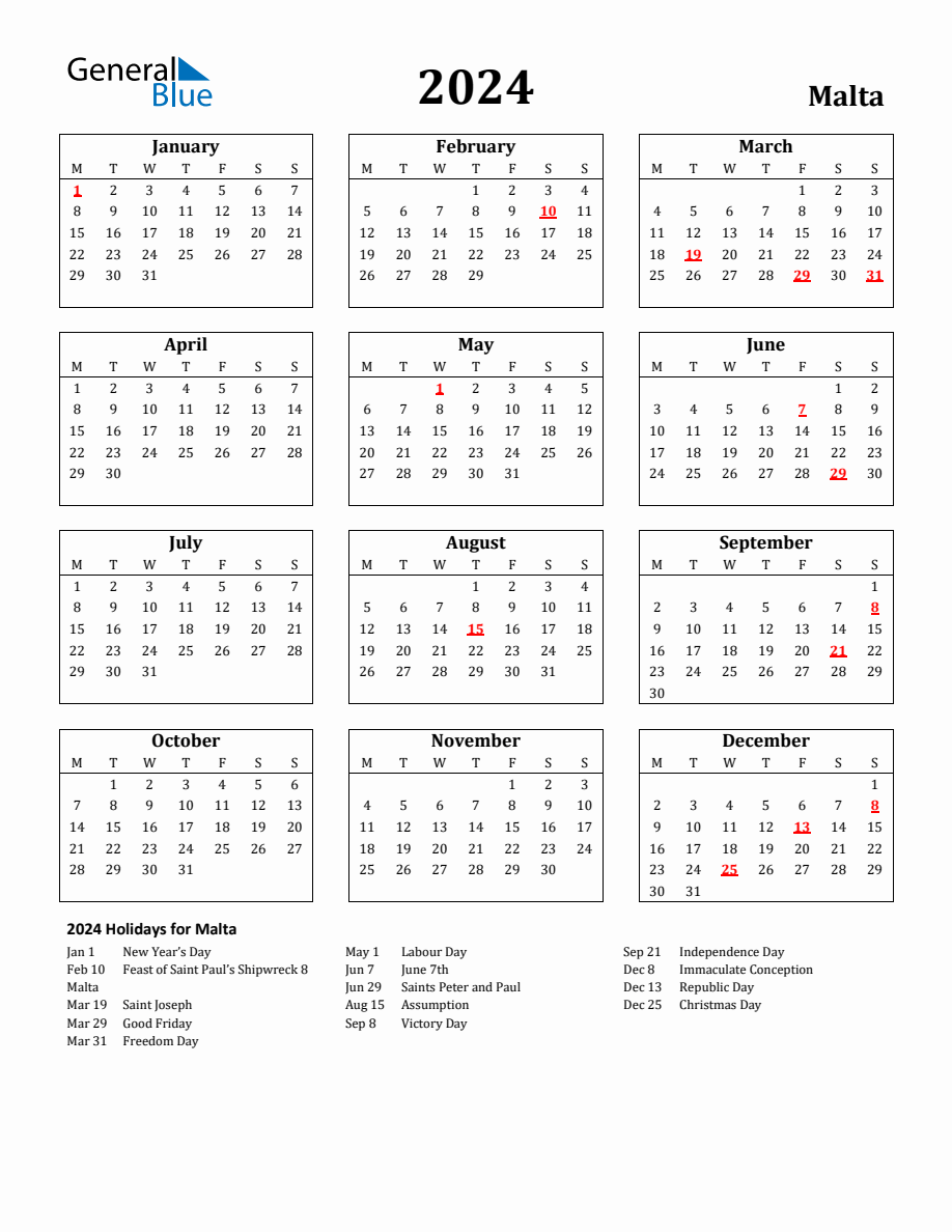 Free Printable 2024 Malta Holiday Calendar